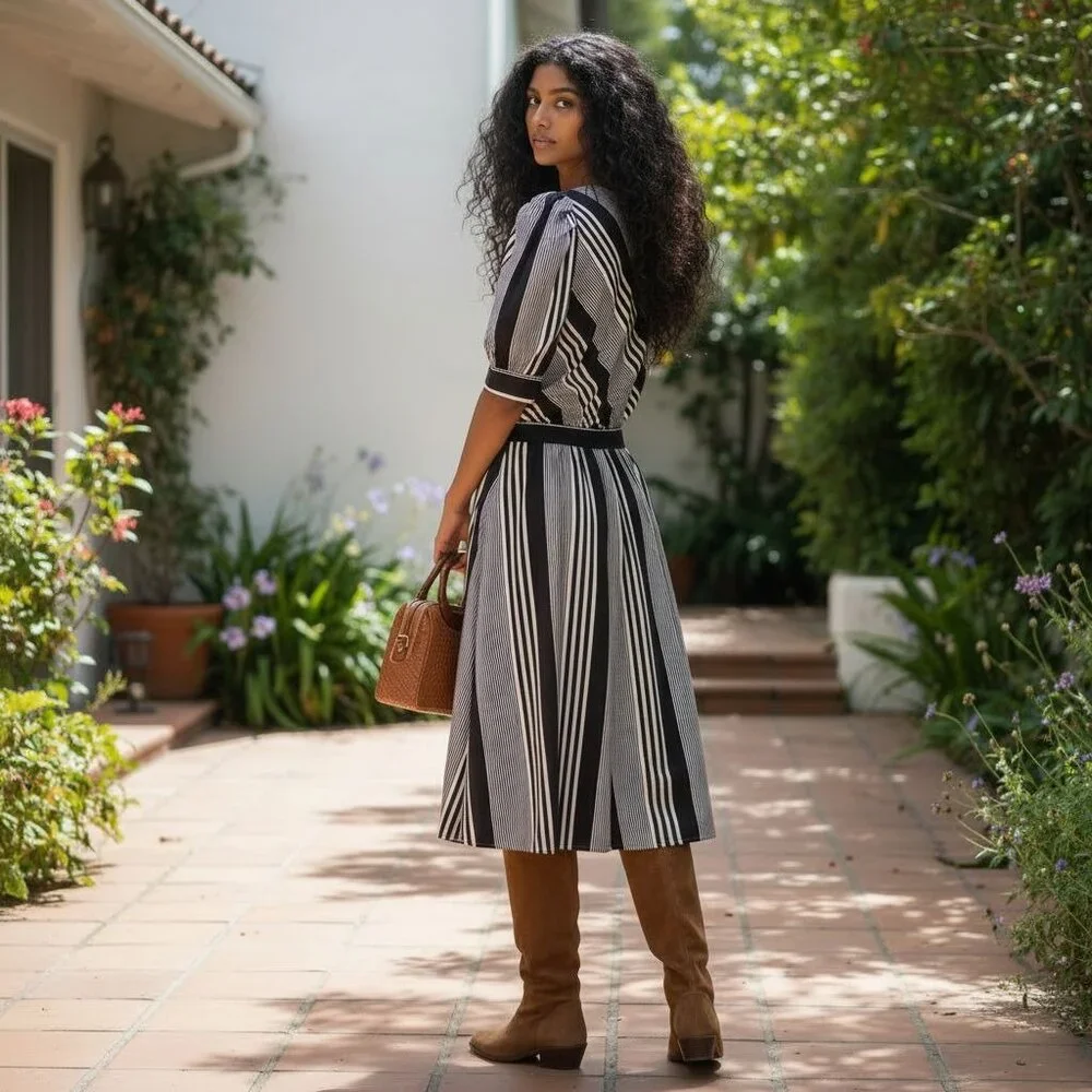 Vintage Brown & White Striped Midi Dress | Handmade 1980s Elastic Waist - Picture 8 of 16